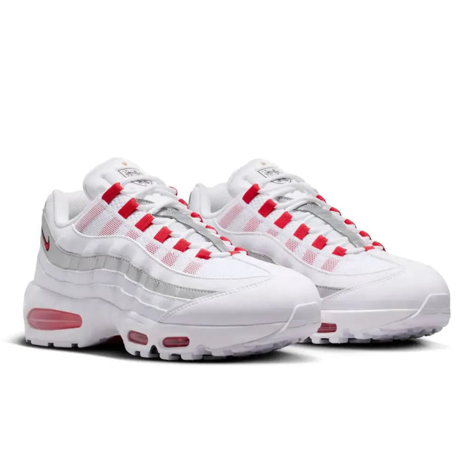 Nike Air Max 95 England front angle with white panels, red lace loops, metallic silver details and Three Lions tongue crest