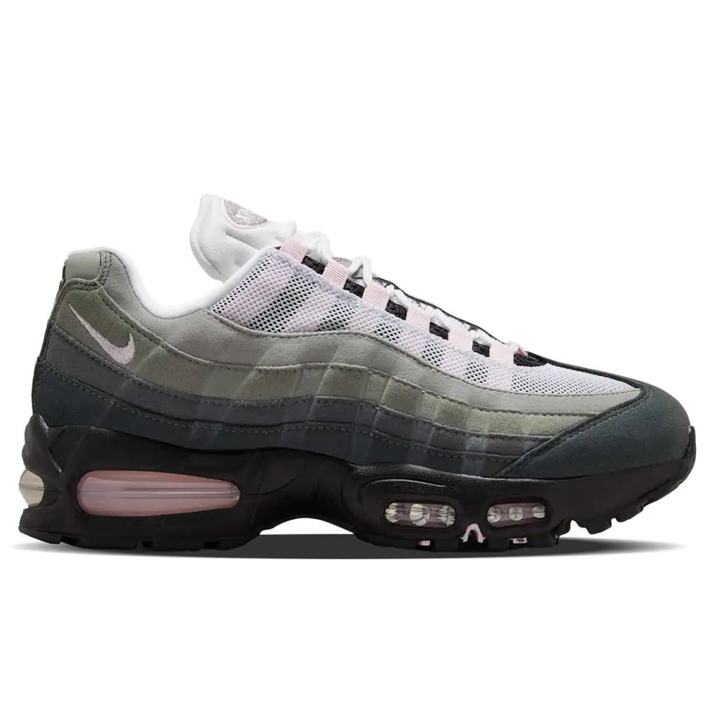 Side profile of the Nike Air Max 95 Pink Foam, highlighting the white-to-grey gradient, pink embroidered mini-Swoosh, and blacked-out Big Bubble midsole.