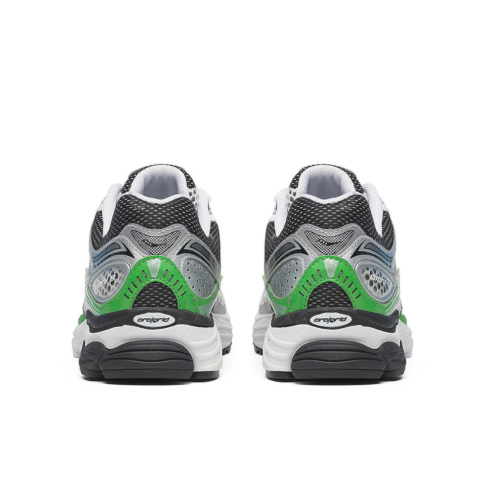 Back heel view of the Saucony ProGrid Omni 9 Silver Green running shoe, displaying the rear structure, green accents, and durable rubber traction outsole.