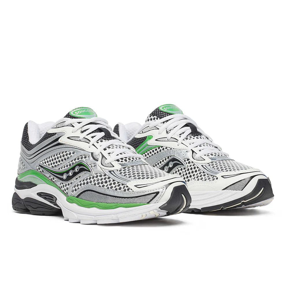Front view of the Saucony ProGrid Omni 9 Silver Green sneaker, showing the breathable mesh toe box, metallic silver overlays, and green lacing system.