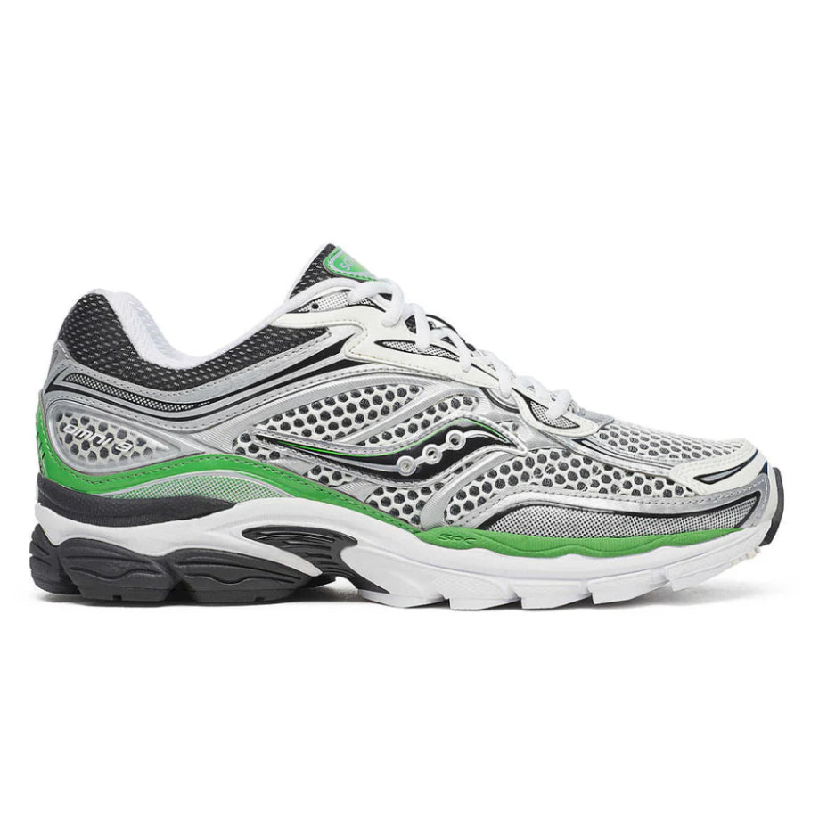 Side profile of the Saucony ProGrid Omni 9 S70739-17, highlighting the retro Y2K silver and green technical overlays, Saucony logo, and thick cushioned midsole.