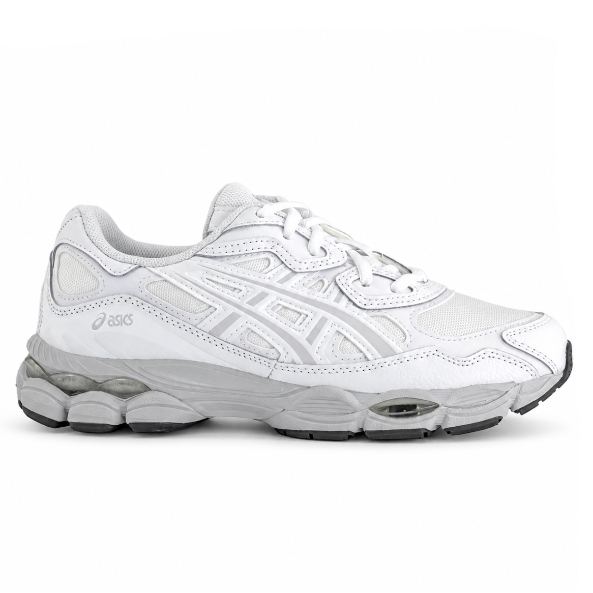A side view of the ASICS GEL-NYC White Glacier Grey trainer, showing the white mesh upper, Glacier Grey overlays, tonal ASICS stripes and layered technical midsole.