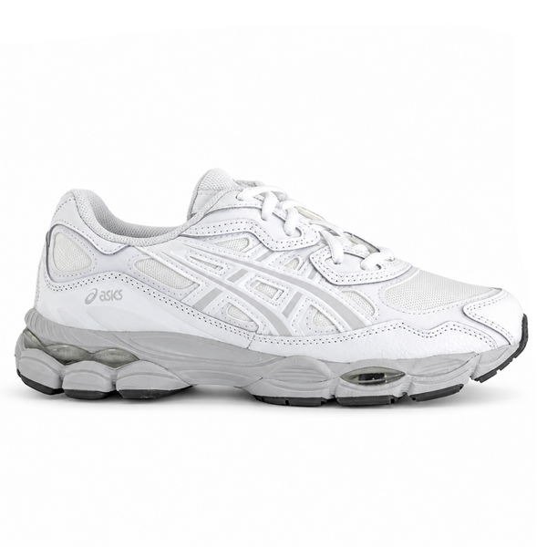 A side view of the ASICS GEL-NYC White Glacier Grey trainer, showing the white mesh upper, Glacier Grey overlays, tonal ASICS stripes and layered technical midsole.