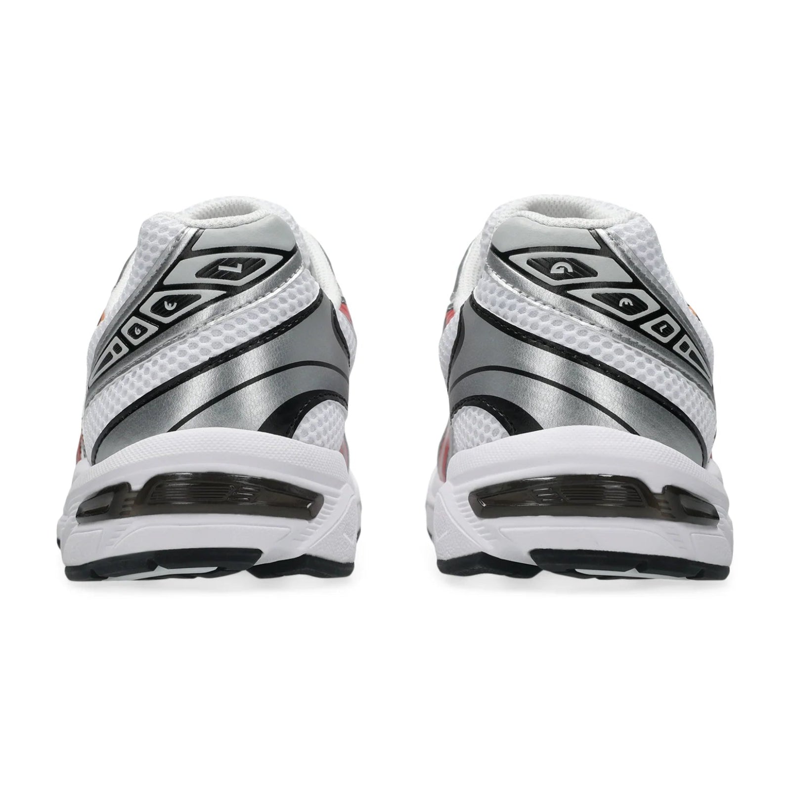 ASICS GEL-1130 White Red Snapper heel view showing white and silver rear panels, Red Snapper accents and durable rubber outsole