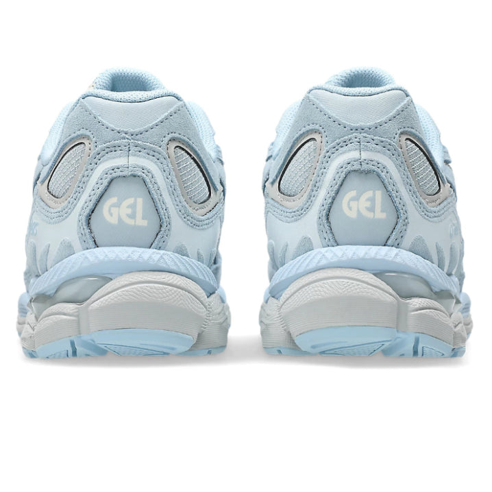 A rear view of the ASICS GEL-NYC Storm Cloud Pure Silver trainers, showing the structured grey heel, metallic silver accents and sculpted cushioned sole on a clean white background.