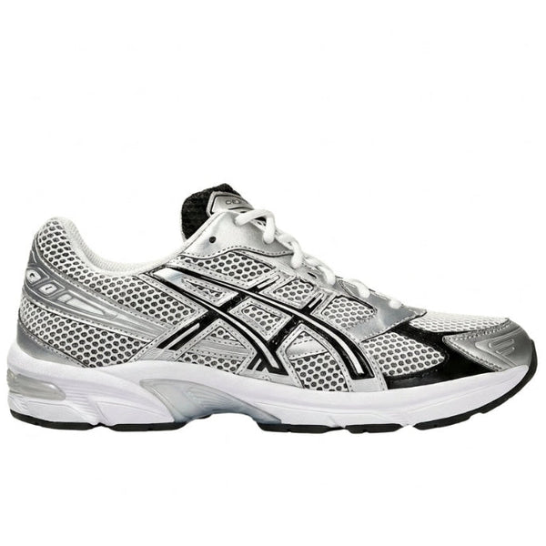 ASICS GEL-1130 White Black Silver 1201A933-100 front three-quarter pair view showing both shoes with white mesh upper, metallic silver overlays, black tiger-stripe lines, black inner collar, white laces, GEL-1130 branding, and white midsole