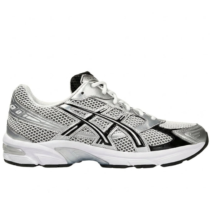 ASICS GEL-1130 White Black Silver 1201A933-100 front three-quarter pair view showing both shoes with white mesh upper, metallic silver overlays, black tiger-stripe lines, black inner collar, white laces, GEL-1130 branding, and white midsole