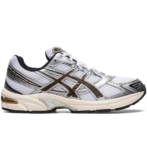 ASICS GEL-1130 White Clay Canyon 1201A256-113 lateral side profile showing white mesh upper, metallic silver overlays, deep brown Clay Canyon tiger stripes, black collar lining, and pre-aged sail midsole with bronze GEL window