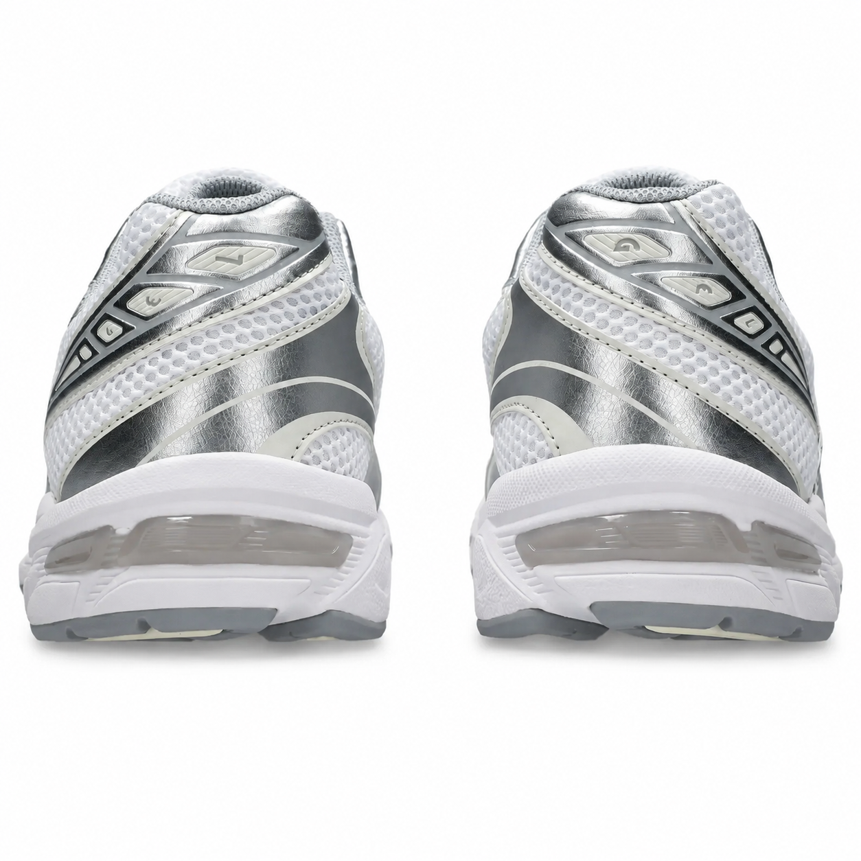 A rear view of the ASICS GEL-1130 White Piedmont Grey trainers, showing the structured heel, soft grey detailing and sculpted sole on a clean white background.
