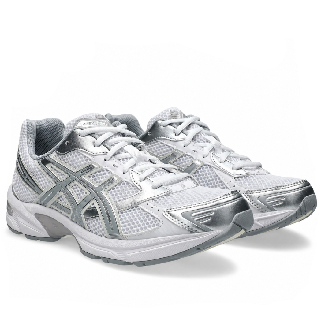 A pair of ASICS GEL-1130 White Piedmont Grey trainers featuring white mesh, soft grey overlays, signature ASICS stripes and a cushioned GEL sole on a clean white background.