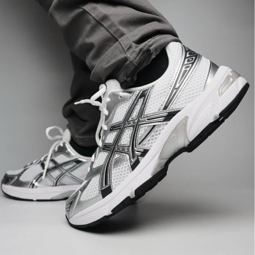 ASICS GEL-1130 White Silver on feet rear view showing outsole tread and heel design
