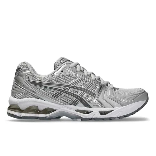 ASICS GEL-Kayano 14 Cloud Grey 1202A056-021 lateral side profile showing mesh upper, metallic silver overlays, and visible GEL cushioning on white midsole