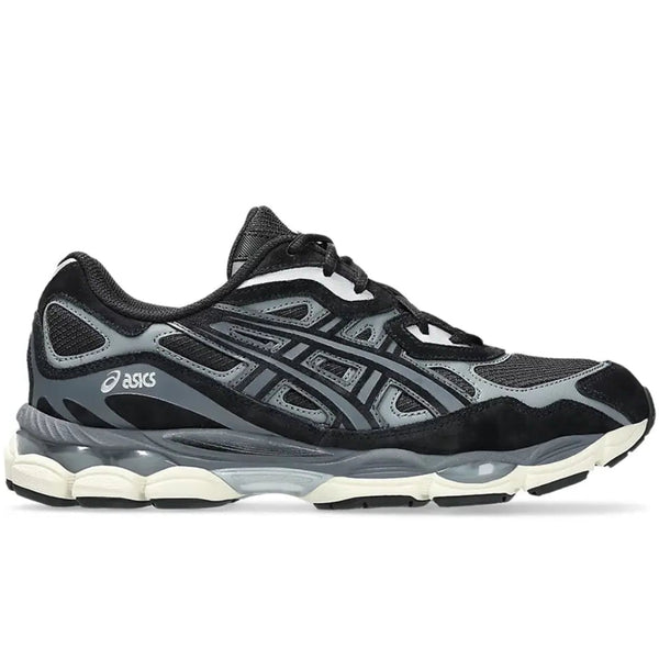 ASICS GEL-NYC Black Grey 1203A739-001 lateral side profile showing the black mesh upper, black suede overlays, grey tiger-stripe lines, silver synthetic midfoot panels, translucent grey GEL midsole windows, and off-white cream foam midsole