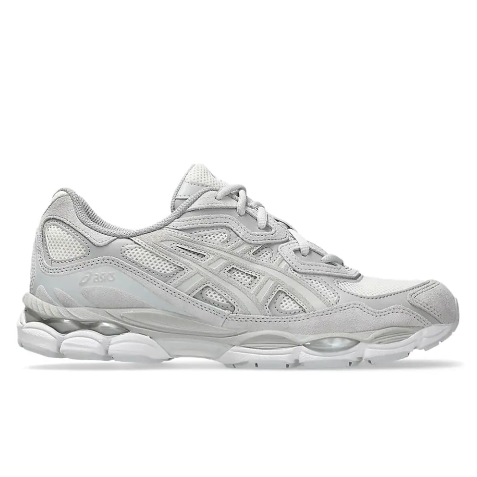 Side profile of the ASICS GEL-NYC Cream Cloud Grey sneaker showing cream mesh upper with cloud grey suede overlays and GEL cushioning sole