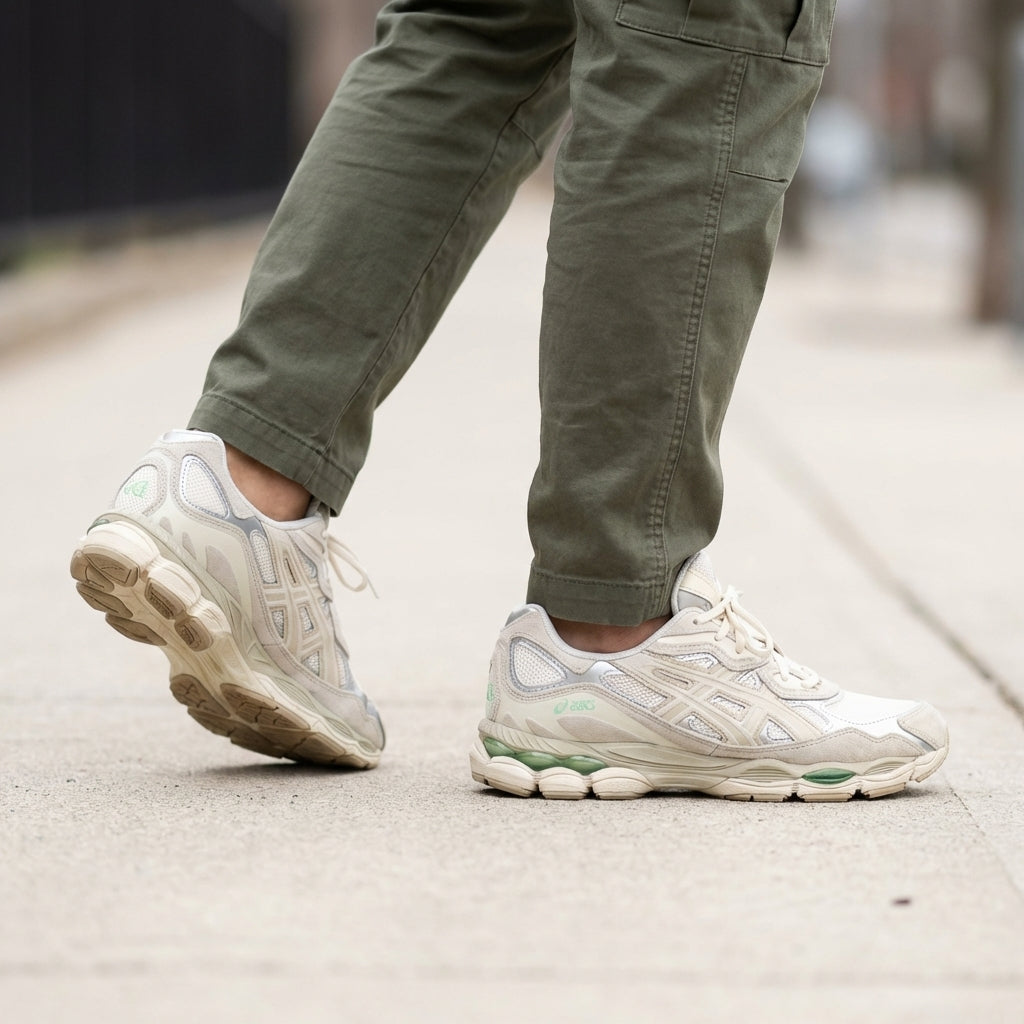 ASICS GEL-NYC Cream Fossil 1203A383-112 styled on foot with olive cargo trousers, front-facing walking shot on an urban sidewalk showing mesh upper, suede overlays, and mint-green GEL technology