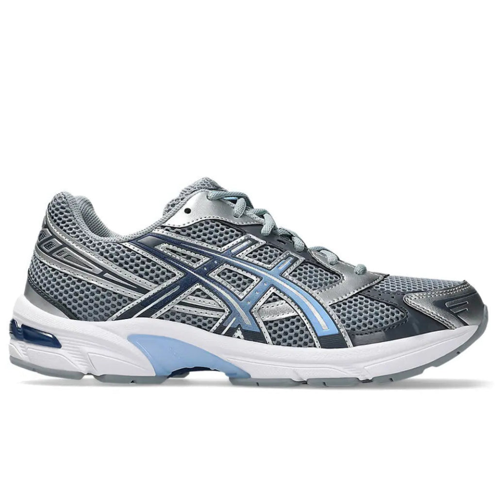 ASICS Gel-1130 Gravel Pure Silver side profile view with silver overlays and light blue accents