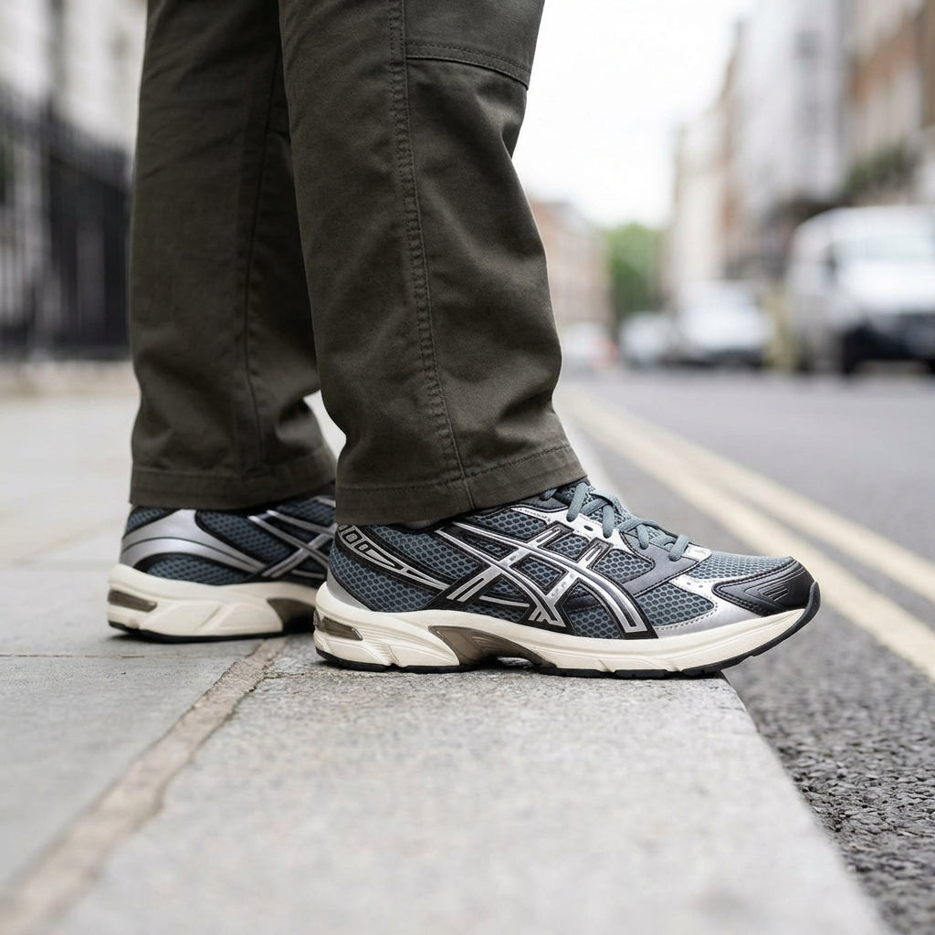 ASICS Gel-1130 Steel Grey Black on feet street style with dark olive trousers on pavement  
