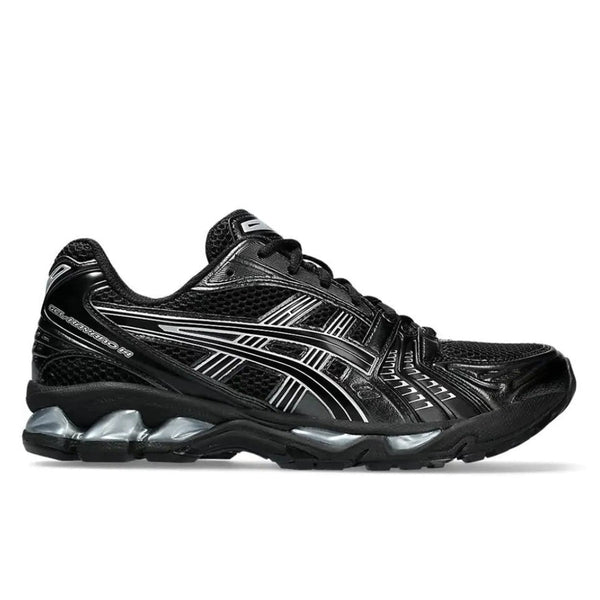 ASICS Gel-Kayano 14 Black Pure Silver side profile showing full-length silver GEL midsole and black upper