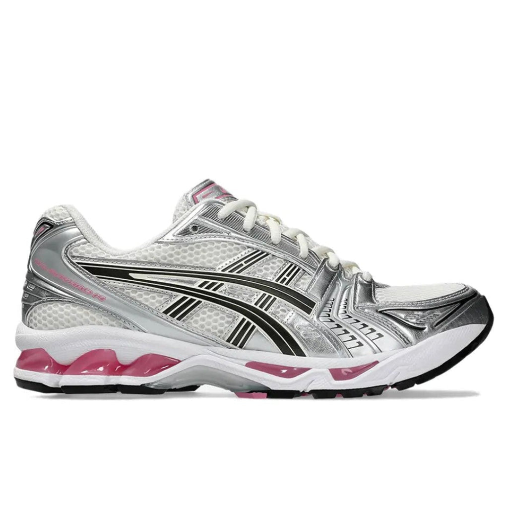 ASICS Gel-Kayano 14 Cream Sweet Pink side profile view with cream mesh upper silver overlays and pink accents 