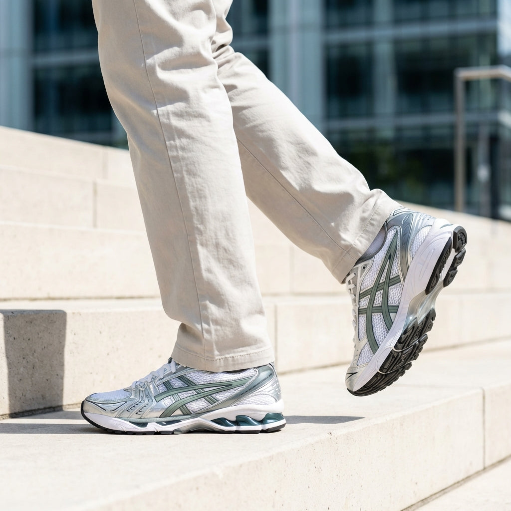 ASICS Gel-Kayano 14 White Slate Grey on foot descending concrete steps with cream chinos showing medial side, silver overlays, and green GEL midsole