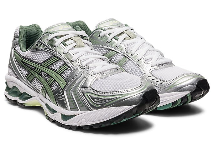 ASICS Gel-Kayano 14 White Slate Grey pair front three-quarter view on white background showing green tongue lining, silver metallic panels, and white mesh