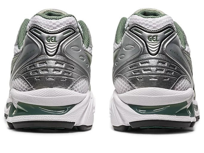 ASICS Gel-Kayano 14 White Slate Grey rear view of pair showing silver heel counter, GEL branding, green cushioning unit, and white midsole on white background