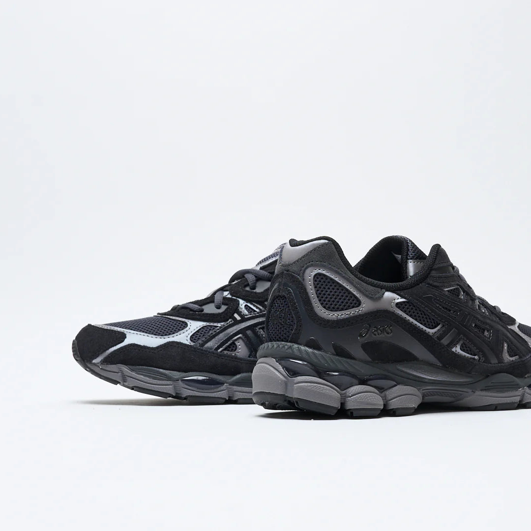 ASICS Gel-NYC Graphite Grey rear three-quarter view showing heel and silver overlay accents