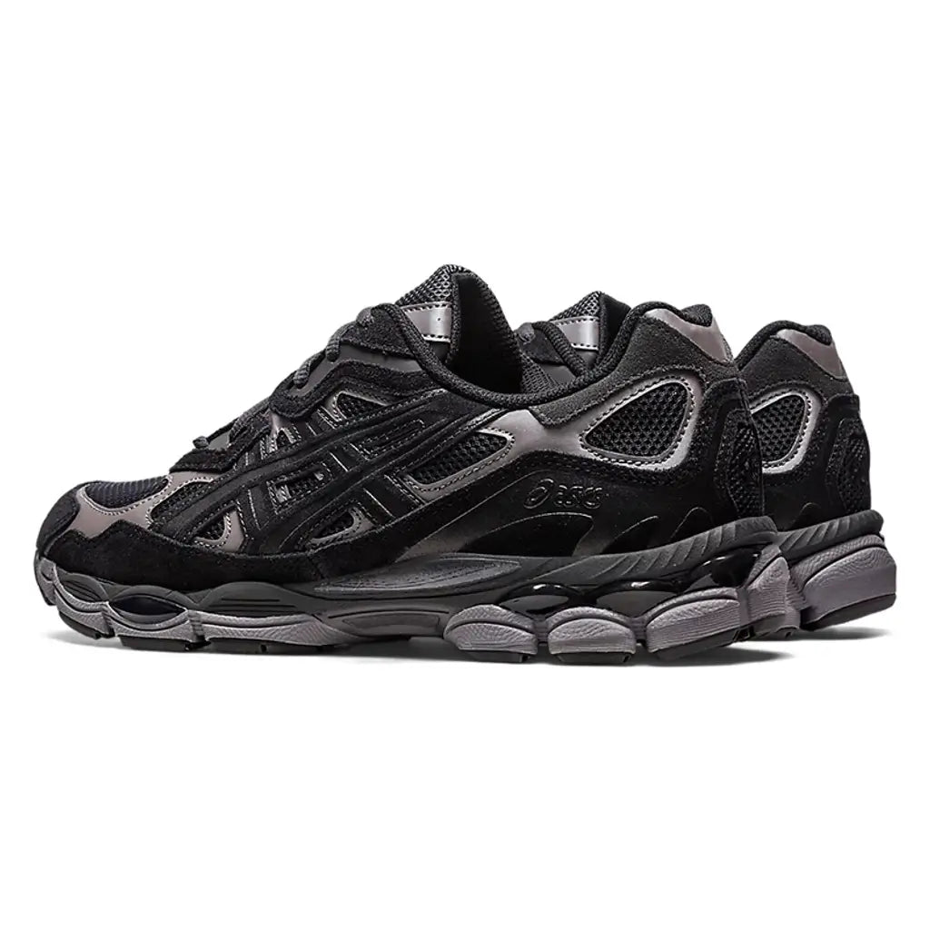 ASICS Gel-NYC Graphite Grey pair rear angled view showing black suede and grey sculptured midsole