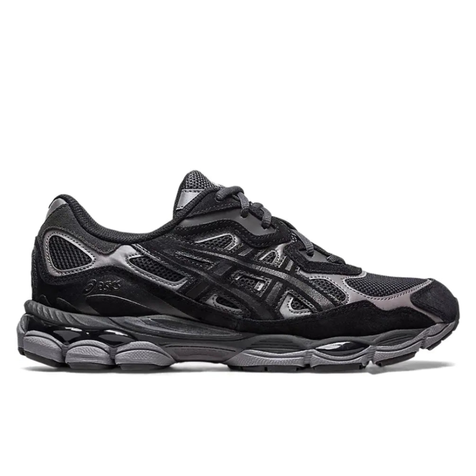 ASICS Gel-NYC Graphite Grey side profile view showing mesh upper suede overlays and silver accents