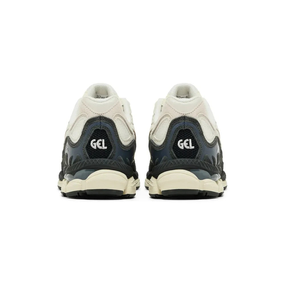 ASICS Gel-NYC Smoke Grey heel view showing GEL branding and dark grey rear panel