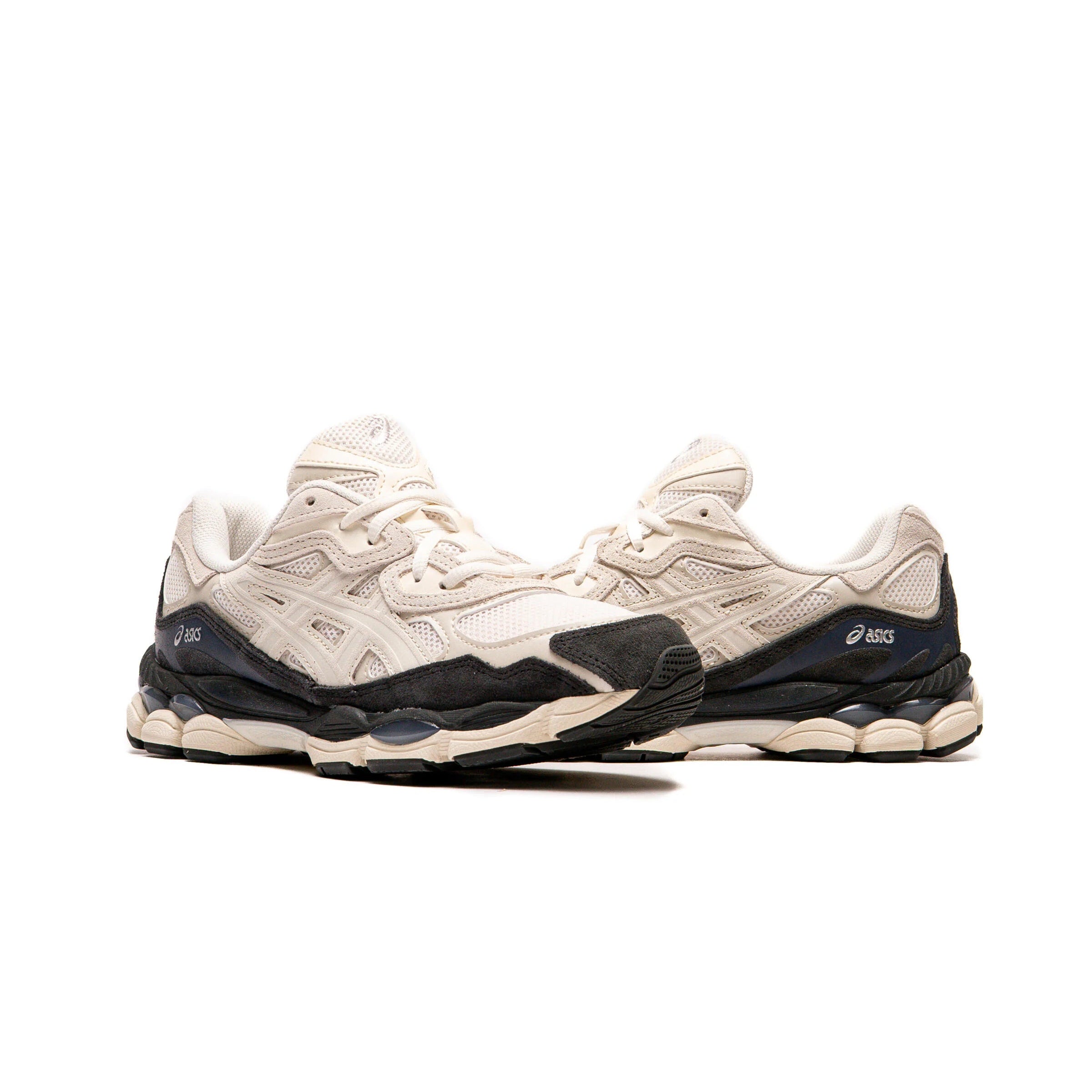 ASICS Gel-NYC Smoke Grey pair front view showing cream upper and dark grey suede mudguard