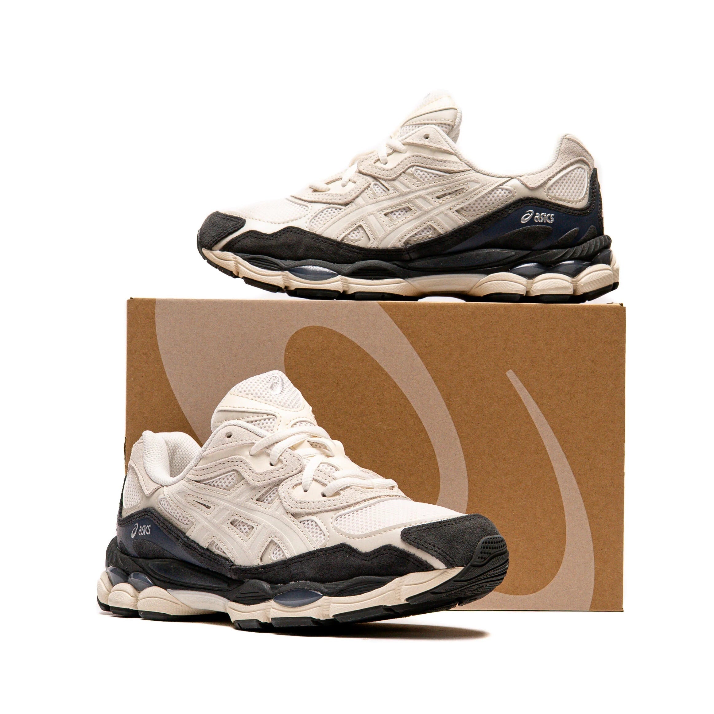 ASICS Gel-NYC Smoke Grey pair with ASICS box showing medial and lateral side views