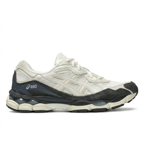 ASICS Gel-NYC Smoke Grey side profile view showing cream mesh dark grey suede and two-tone midsole