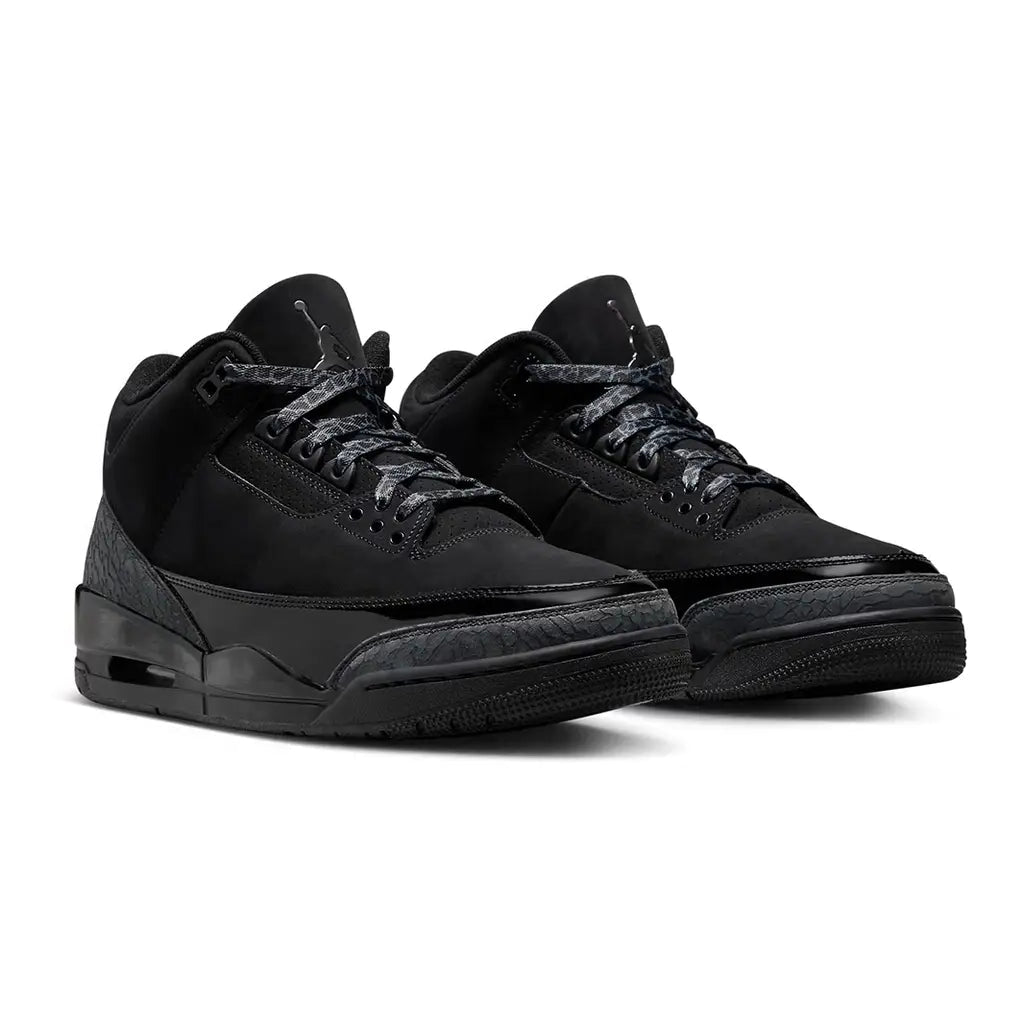 Air Jordan 3 Black Cat - rear heel view of both shoes showing black Jumpman logo on heel tab, Air branding, dark elephant print overlays and black patent leather midsole