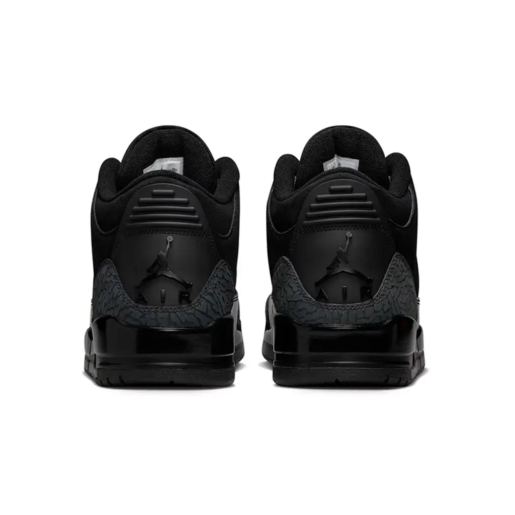 Air Jordan 3 Black Cat - front three-quarter pair view showing black nubuck upper, elephant print graphic laces, dark grey elephant print overlays, patent leather midsole and Jumpman tongue logo