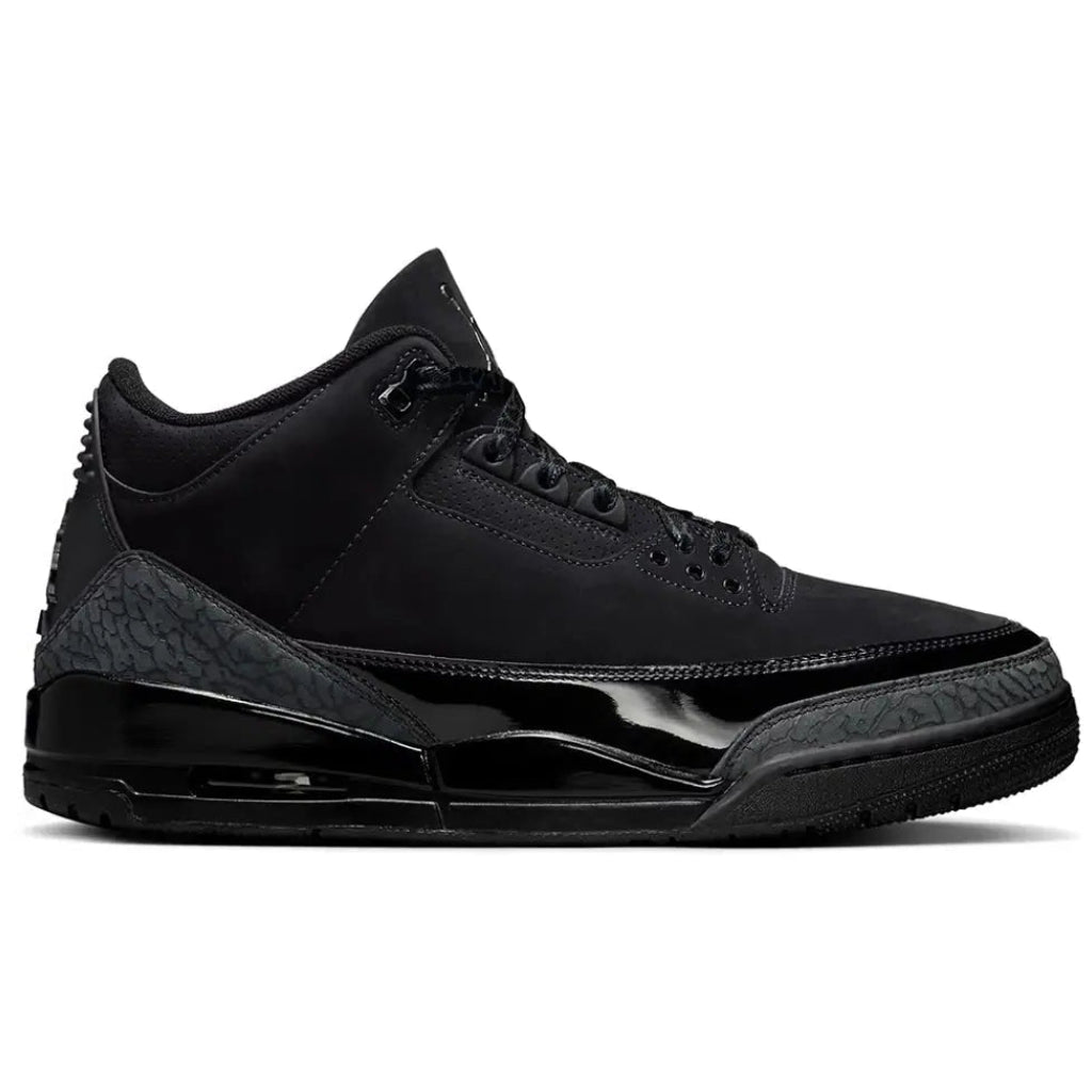 Air Jordan 3 Black Cat - lateral side profile showing black nubuck upper, dark grey elephant print overlays, black patent leather midsole wrap, perforated quarter panel and all-black outsole