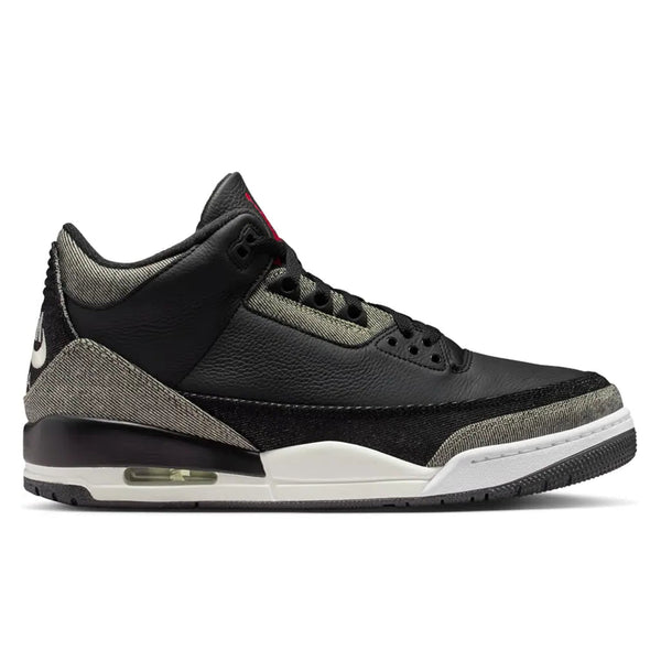 Air Jordan 3 Retro x Levi's Denim Black IR0914-400 lateral side profile showing the black tumbled leather midfoot panel, faded grey-olive washed denim on the toe cap and heel, red tongue tab, white Jumpman heel logo, and sail midsole with Air unit