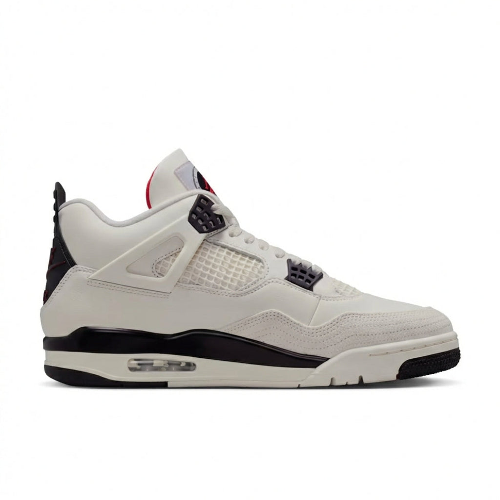 Air Jordan 4 Flight Club lateral side profile on white background showing sail leather upper, black TPU cage, mesh panels, and visible Air cushioning unit