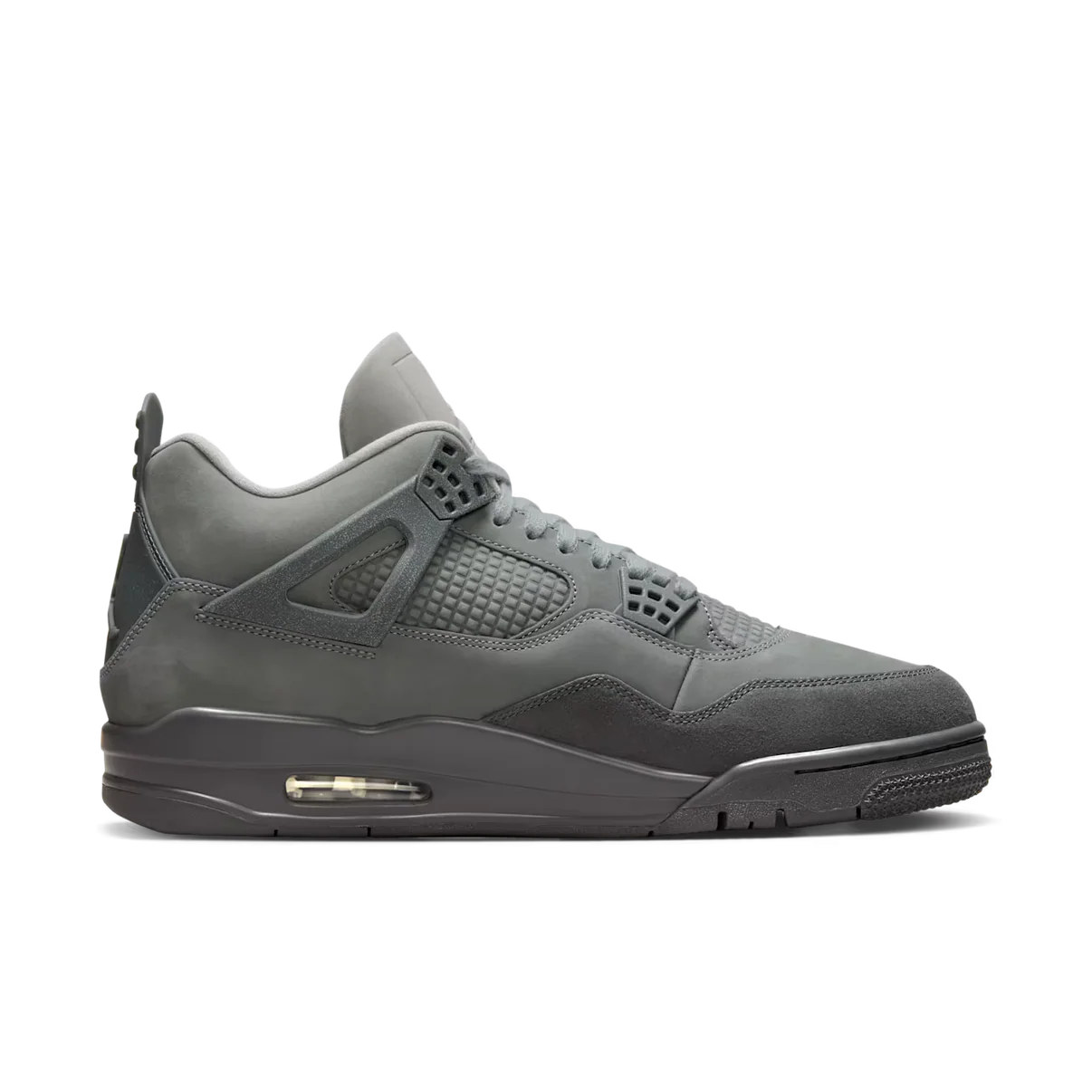 Air Jordan 4 Wet Cement side profile showing grey nubuck upper suede mudguard tonal eyelets and visible Air unit