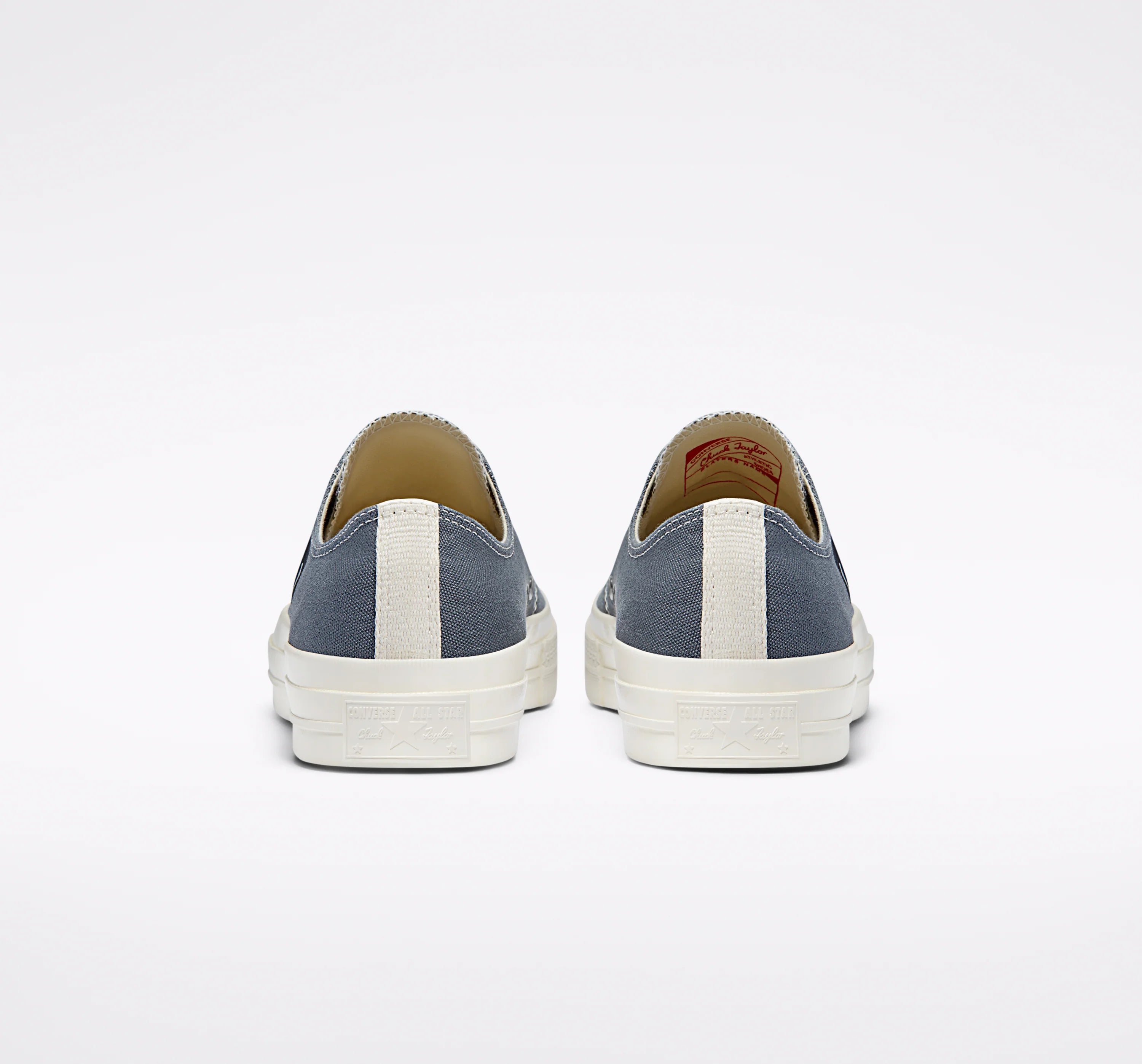 Comme des Garcons Play x Converse Chuck 70 Low Grey - back view of pair showing white heel stripe, Converse All Star Chuck Taylor embossed sole