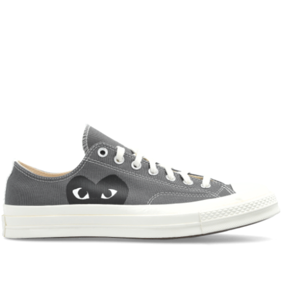 Comme des Garcons Play x Converse Chuck Taylor 70 Low Grey - side profile showing black heart logo with eyes on grey canvas upper and white rubber sole