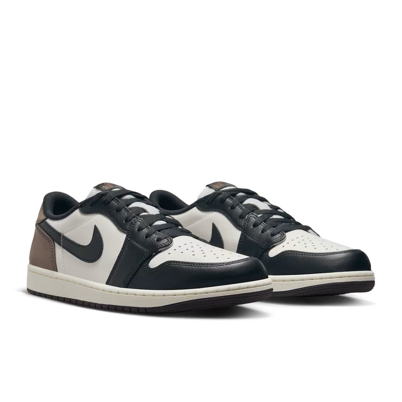 Air Jordan 1 Low OG Mocha three-quarter front pair view showing black leather toe box, sail panels, black Swoosh, dark mocha heel, and black laces