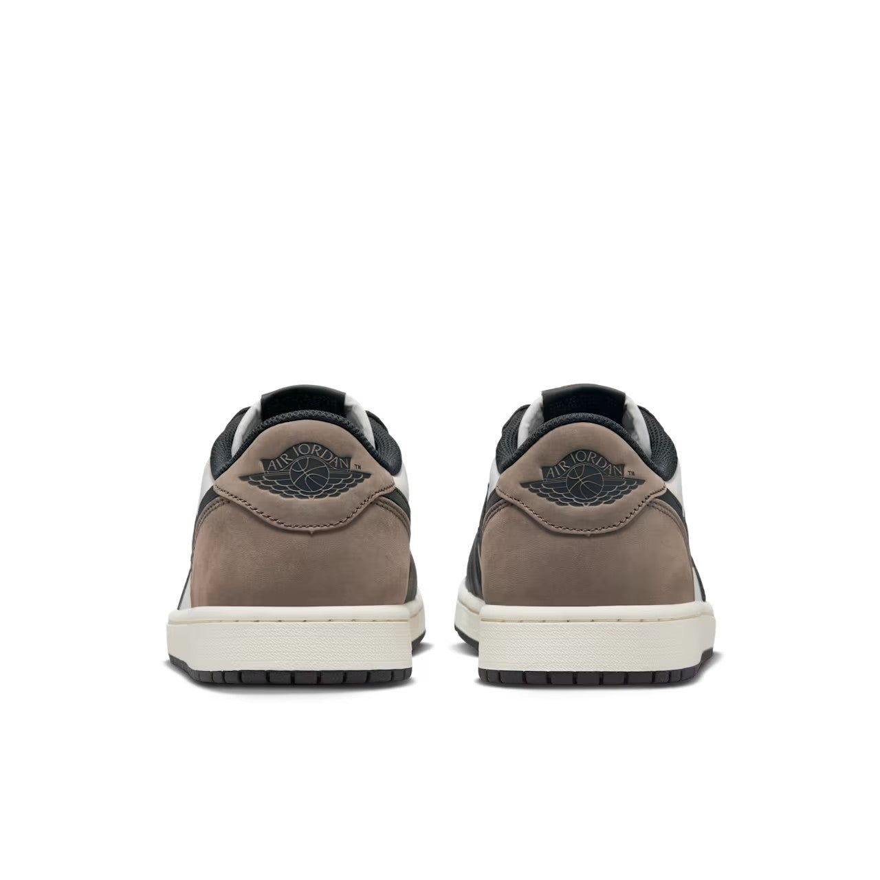 Air Jordan 1 Low OG Mocha heel pair view showing dark mocha nubuck heel panels with embossed Air Jordan Wings logo, black collar, and sail midsole