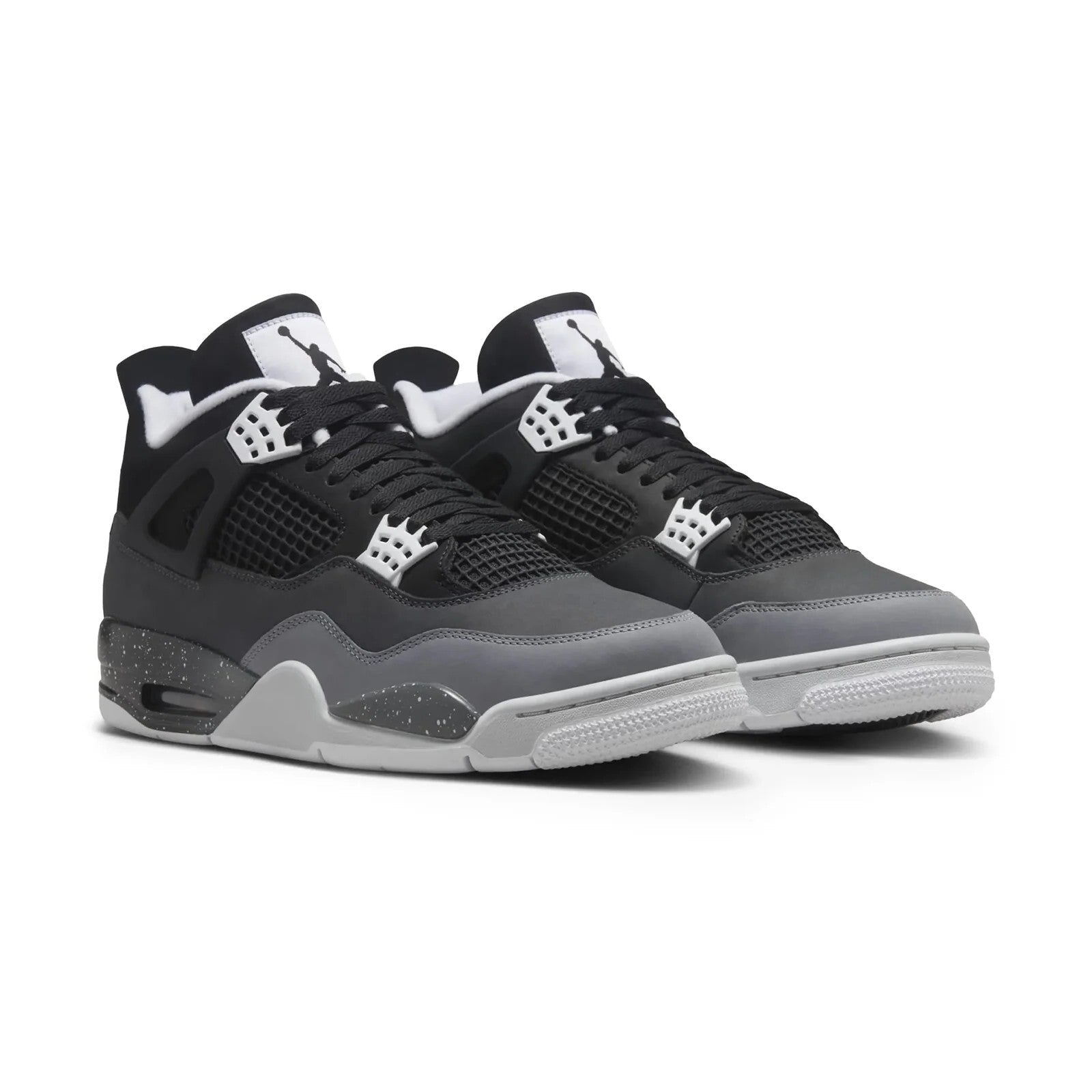 Jordan 4 Retro Fear GS three-quarter front pair view showing white Jumpman Flight tongue logos, white eyelets, black nubuck upper, and cool grey overlays