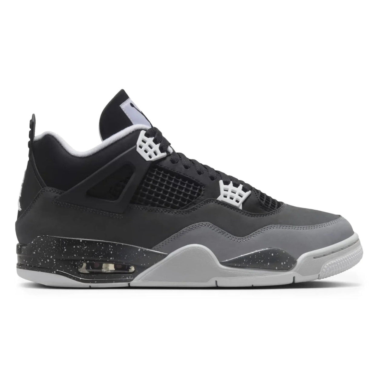 Jordan 4 Retro Fear GS lateral side view showing black nubuck upper, cool grey mudguard overlays, black mesh netting, white speckled midsole, and visible Air unit