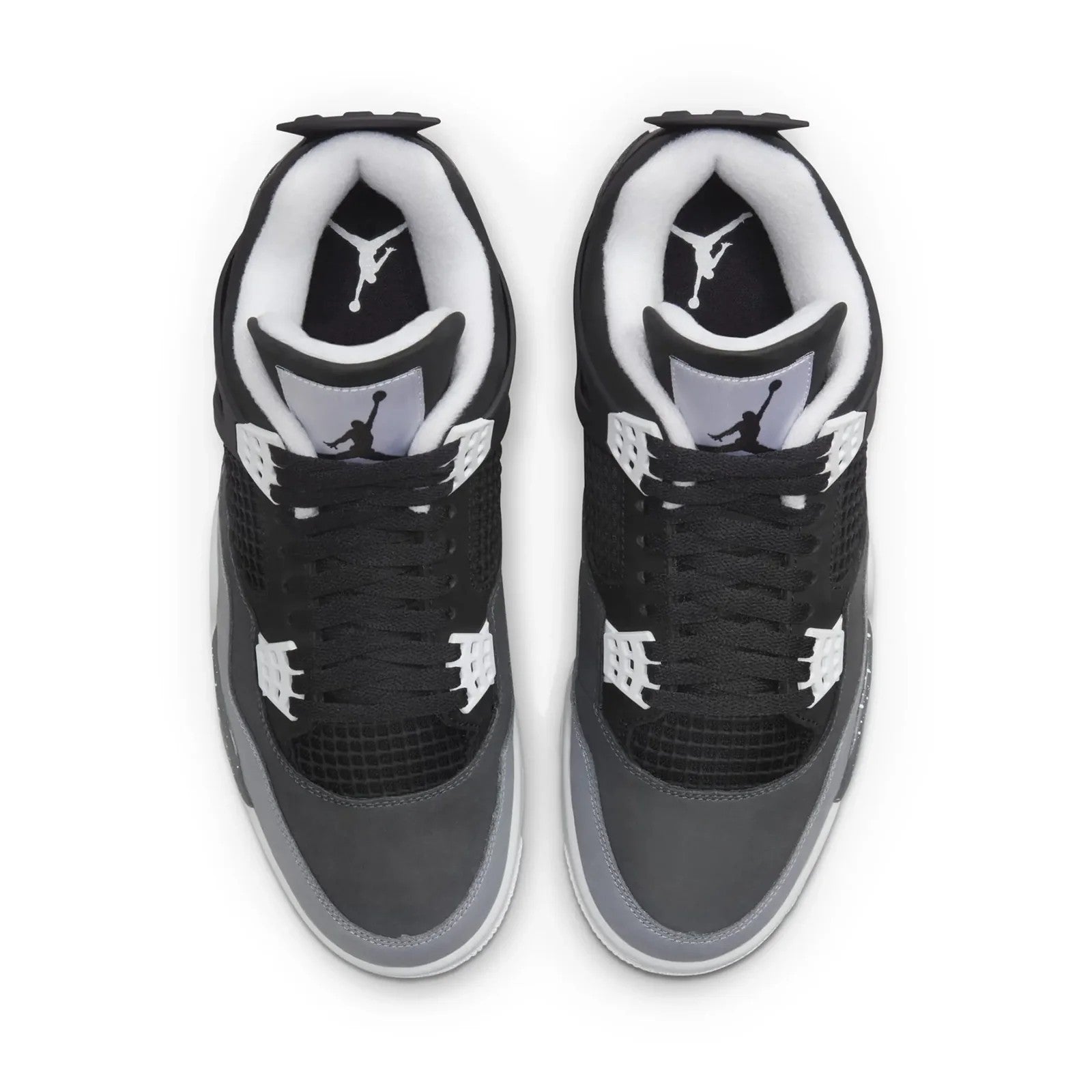 Jordan 4 Retro Fear GS top down view showing Jumpman insole logos, white inner lining, black nubuck upper, cool grey mudguard, and white eyelets