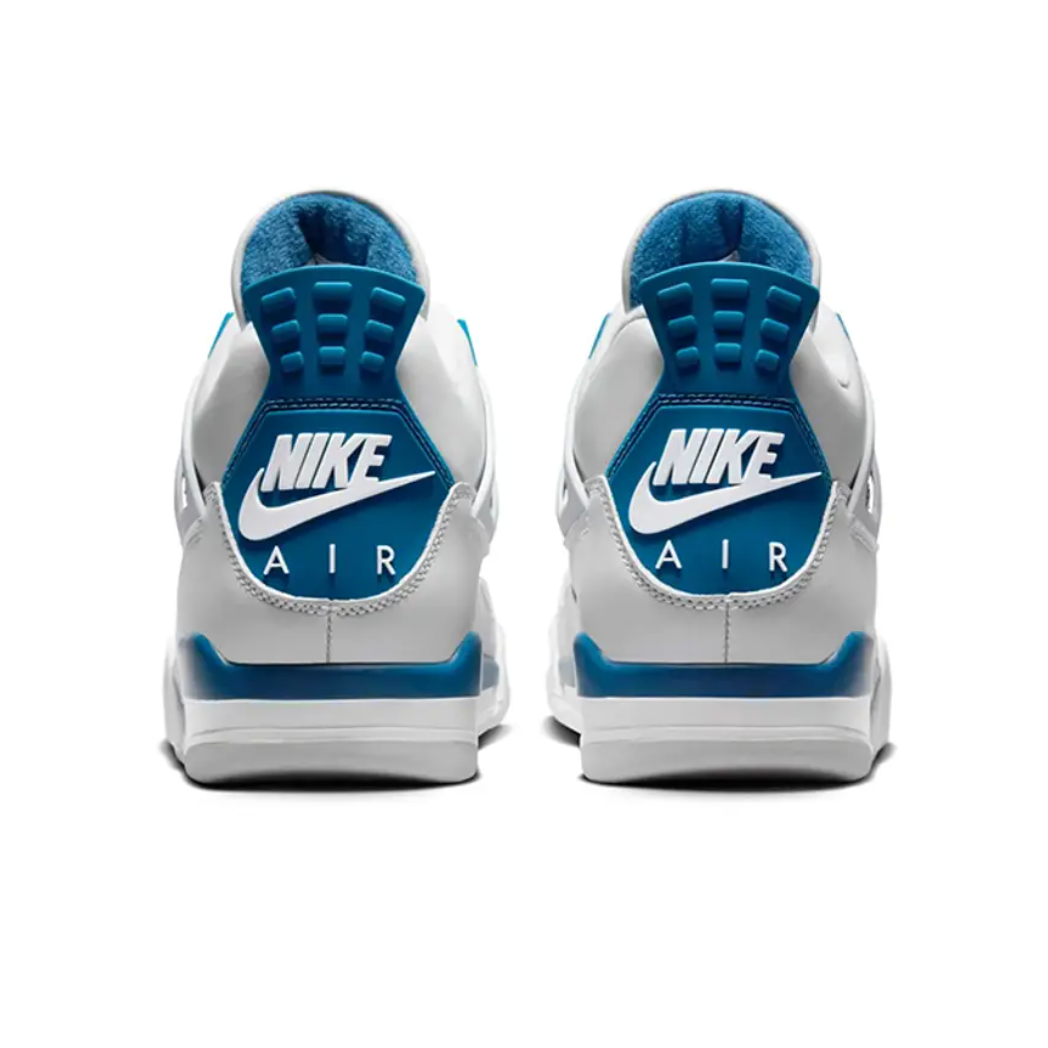 Jordan 4 Retro Military Blue heel pair view showing Nike Air branding on military blue heel tabs with blue terry cloth lining and blue midsole accents