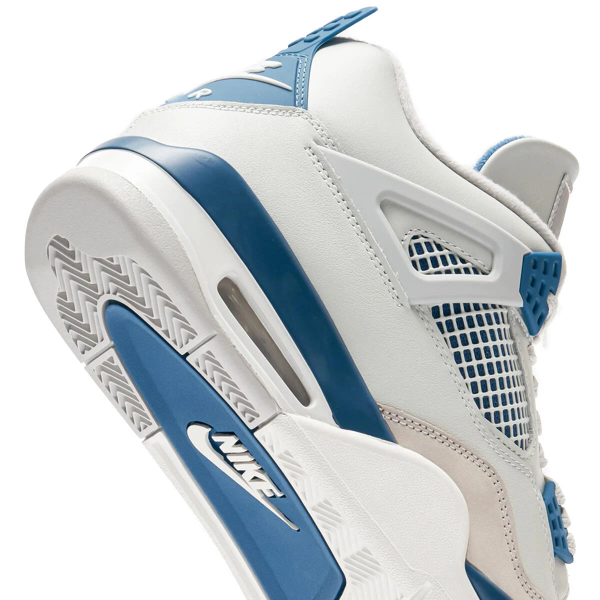 Jordan 4 Retro Military Blue outsole close-up showing Nike branding, military blue rubber tread, visible Air unit, and herringbone traction pattern