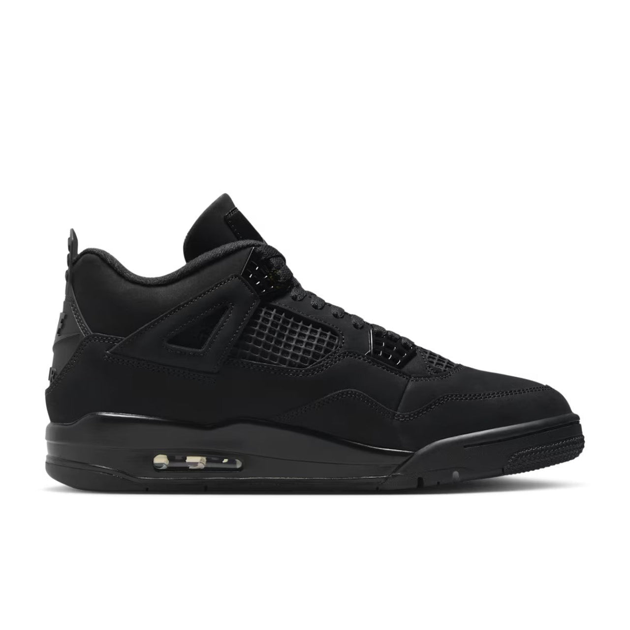 Jordan 4 Retro Black Cat 2025 GS lateral side profile on white background showing all-black nubuck suede upper, black mesh panels, TPU cage, and visible Air unit
