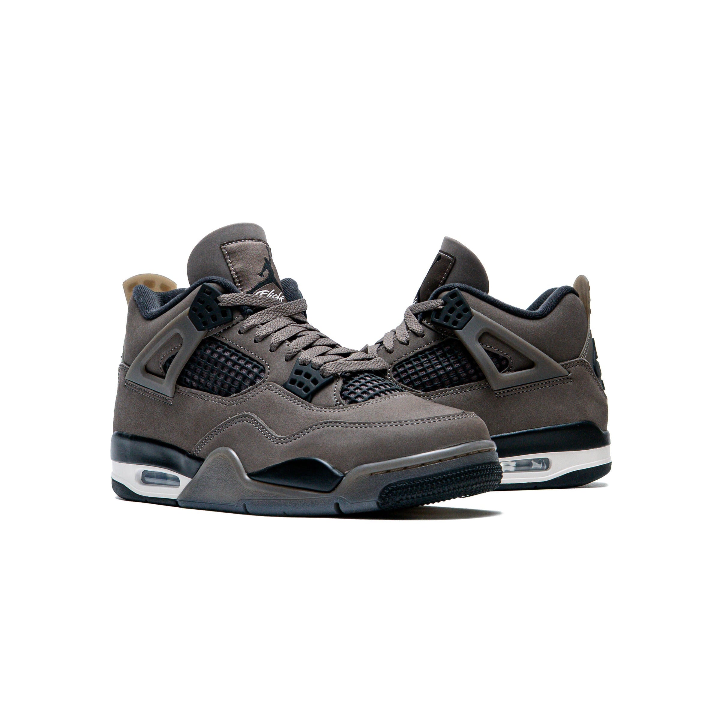 Jordan 4 Retro Cave Stone GS - front three-quarter product shot of both shoes showing cave stone brown nubuck, black mesh netting, Jumpman tongue logo and visible Air-Sole